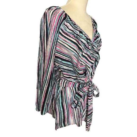 Lane Bryant 22/24 Stripe Overlap Elastic Tie Waist Peplum Cotton Embroidered Top - Picture 4 of 10